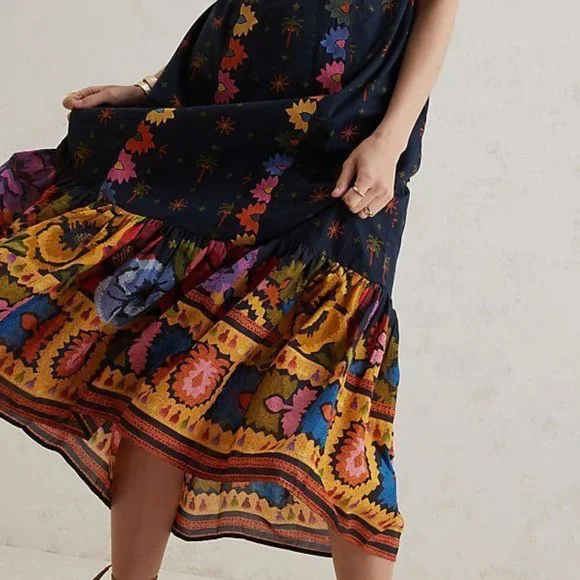 Farm Rio Anthropologie L NWT Embroidered Maxi Dress Black Embroidery 260$ Large - Picture 9 of 13